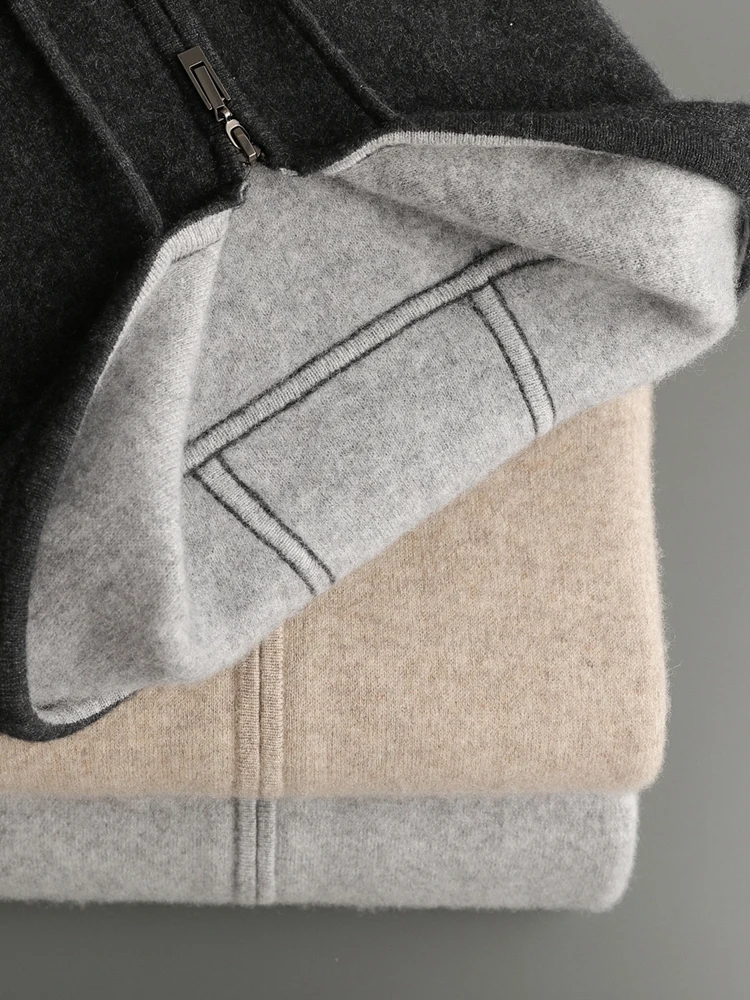 Pull en cachemire pour hommes, Cardigan 100% laine mérinos, sweat à capuche, fermeture éclair épaisse, tricot, manteau de qualité luxueuse, hauts intelligents et décontractés