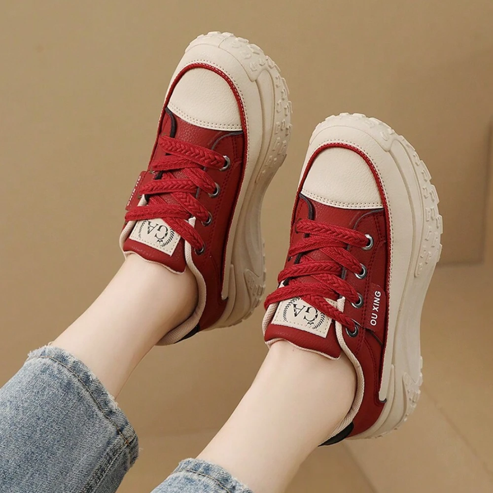 Women\'s Round Toe Red Comfortable Versatile Thick-soled High-top Shoes British Style Fashionable And Warm Added Fluff