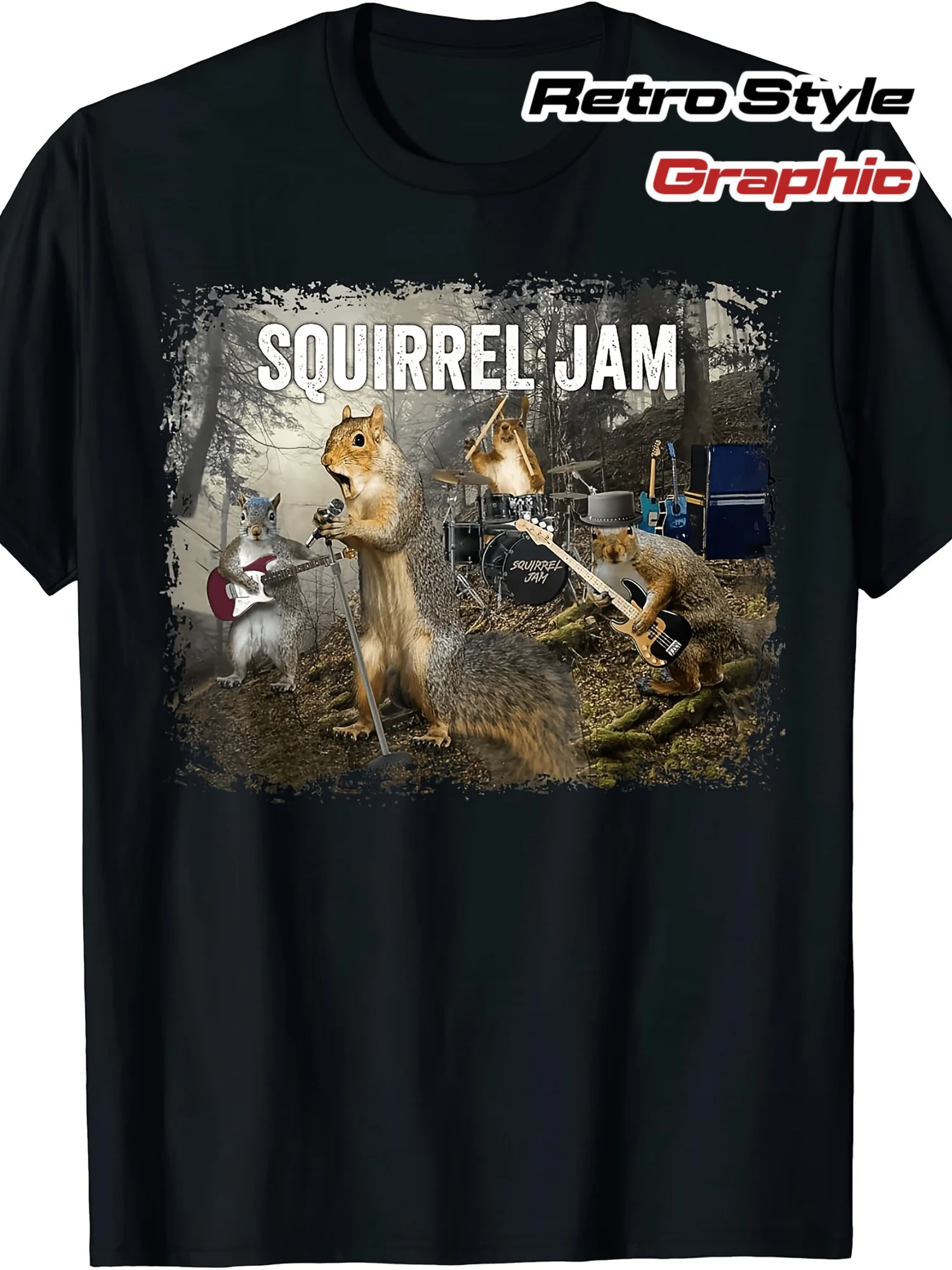 Vintage Squirrel Jam T-shirt - Funny squirrel rock print T-shirt, iconic casual shirt, suitable for all seasons, machine washable vintage-style clothing, ideal for themed parties and everyday wear