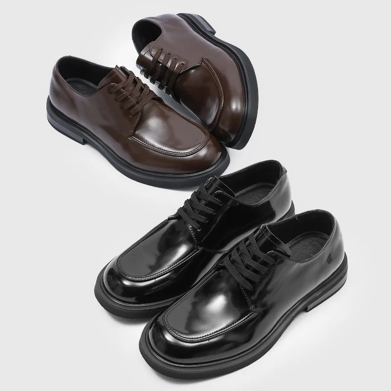 Bright Faced Thick Soled Men Derby Shoes with Lace Up Square Toe High Height Anti Slip Versatile Single Shoe for Daily Commuting