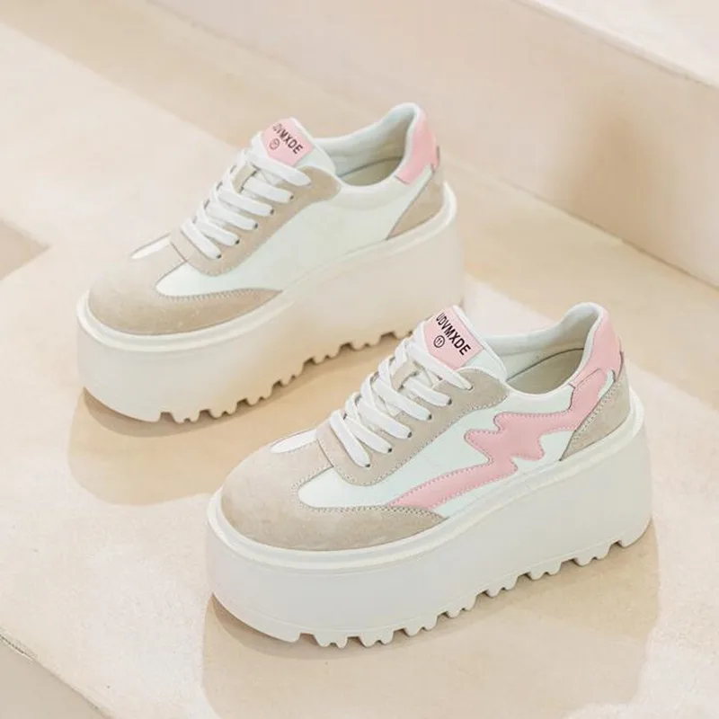 عالية الجودة 8 سنتيمتر النساء أحذية رياضية مكتنزة موضة جديدة الخريف الربيع أحذية القماش جلد الخنزير منصة عادية إسفين مضخات جلد طبيعي