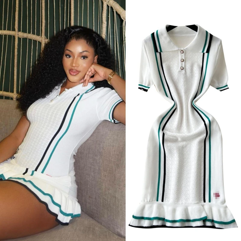 ผู้หญิงสี Patchwork Ruffles Hem ถักชุดมินิฤดูร้อนแขนสั้น Turn-Down COLLAR ชุดยืด Bodycon Vestidos