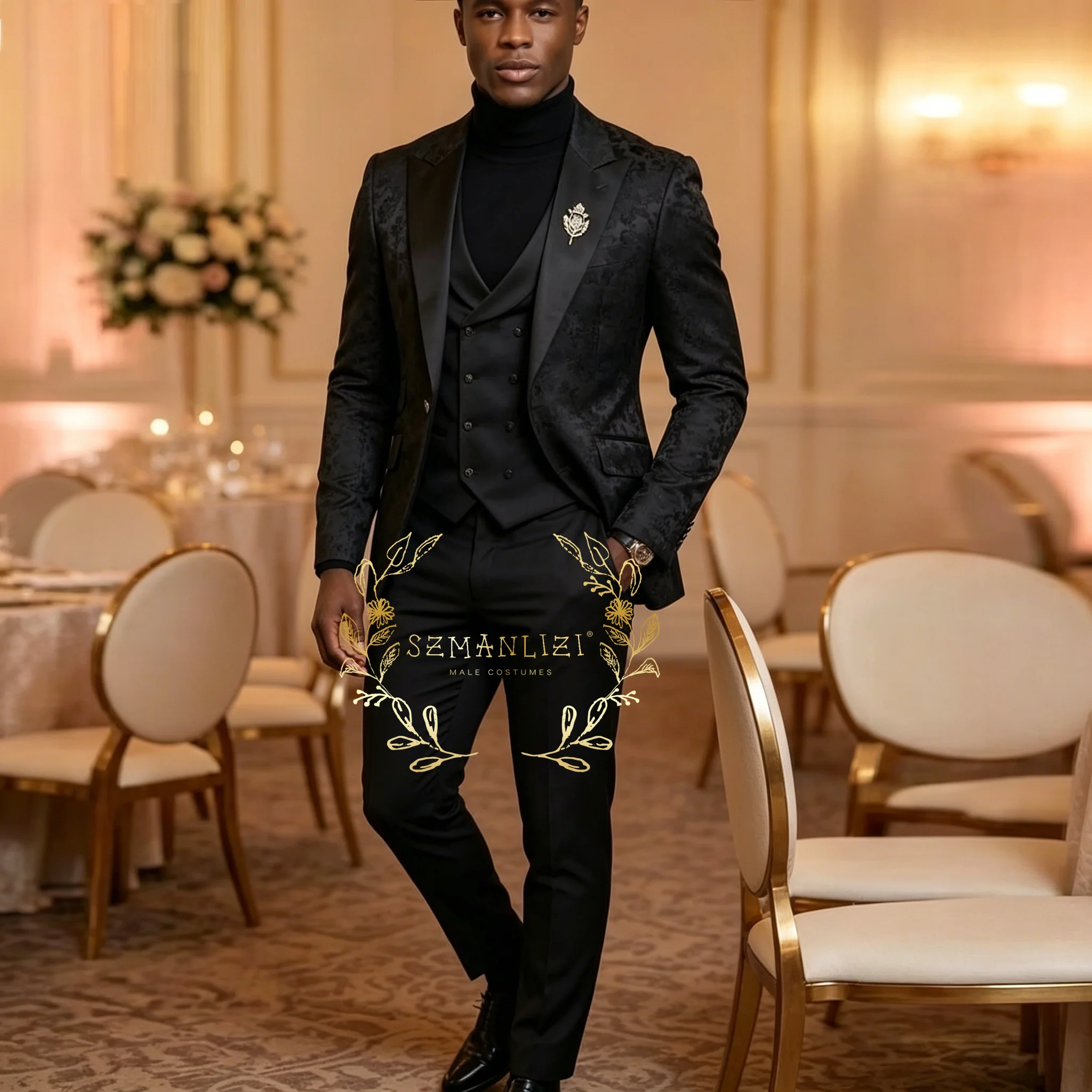 Black Floral Men Suit 3PCS Peaked Lapel Blazer Vest Pants Set for Wedding Party Graduation Ball Dinner Performance Custom Tuxedo