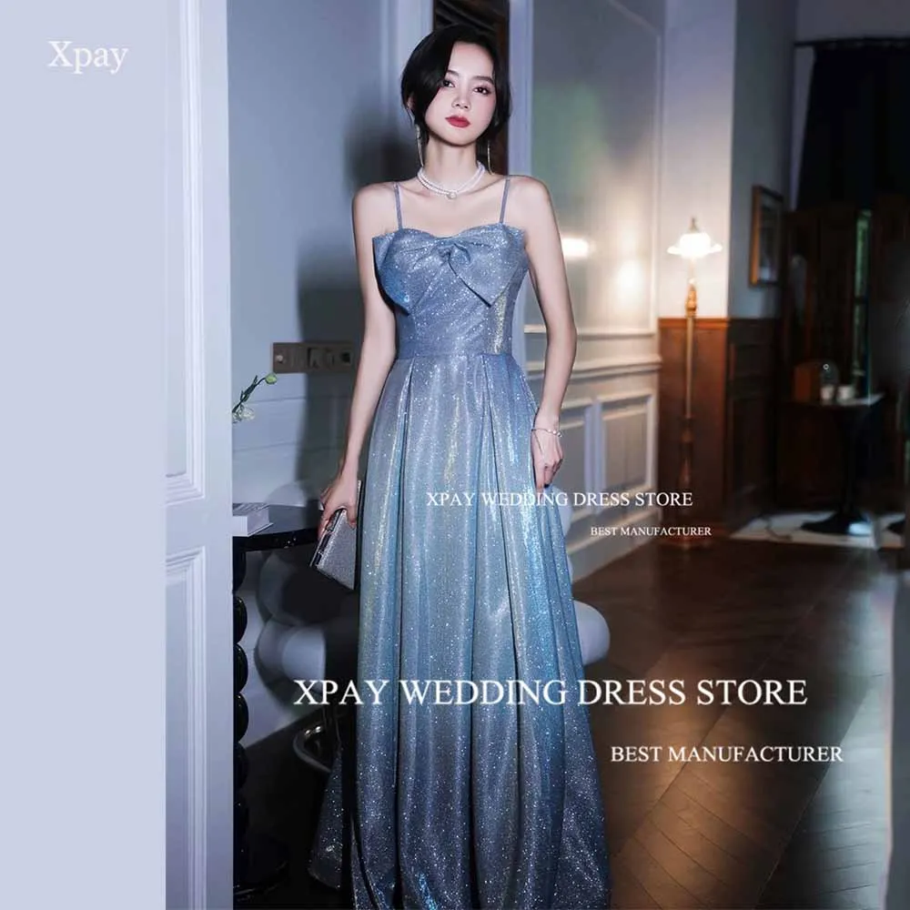 

XPAY Sparkly Korea Evening Dress Sweetheart Spaghetti Strap Formal Prom Gown Photo Shoot Bow Pleat Glitter Wedding Party Dress