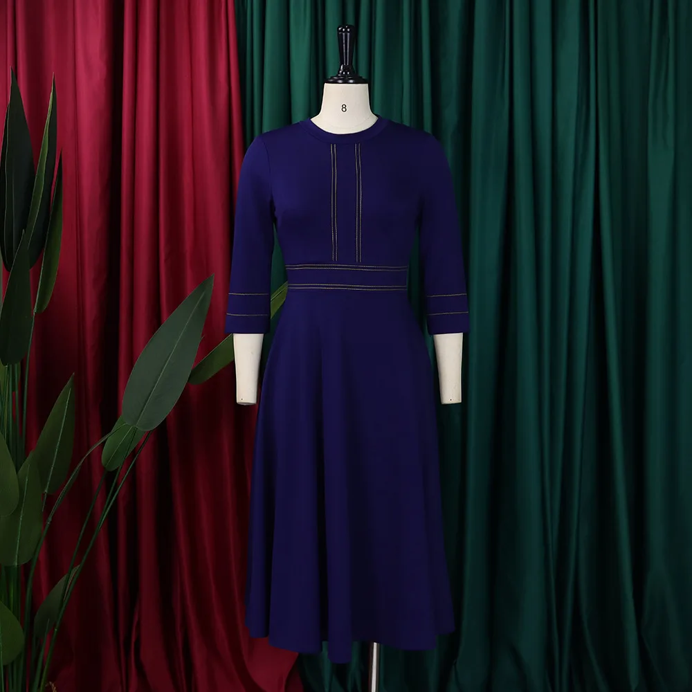 JENYAGE Damen Einfarbiges Dehnbares Kleid mit Stehkragen, Goldener Paspelierung, 3/4-Ärmeln, A-Linie, Midi-Länge, Elegantes Büro- und Partykleid in Übergröße – Detail 11