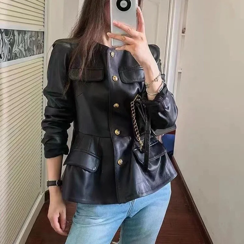 Leather Coat Women\'s Mid-length Collect Waist Jackets Female Sheepskin Vintage Gold Buckle Round Neck Black/White Casacas Mujer