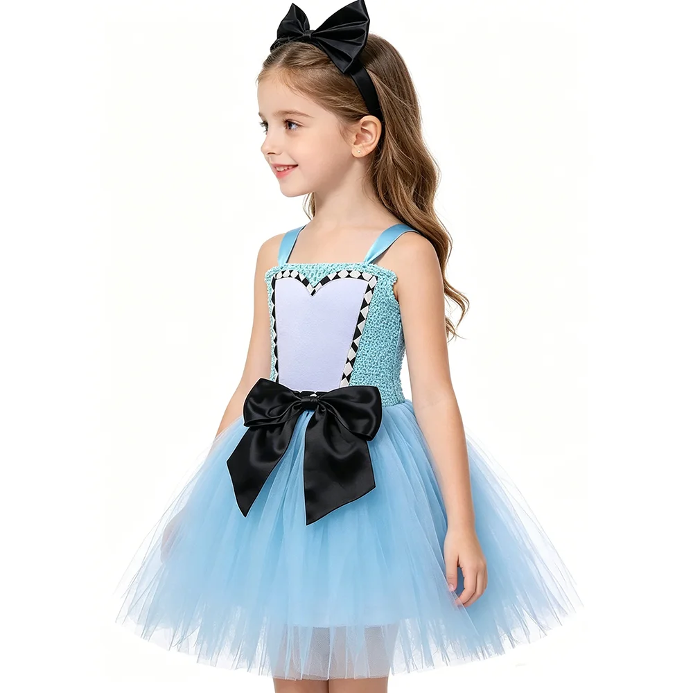 Blue Fairytale Princess Tutu Dress for Girls Birthday Christmas Halloween Costume Kids Tea Party Outfit with Big Bow Headband