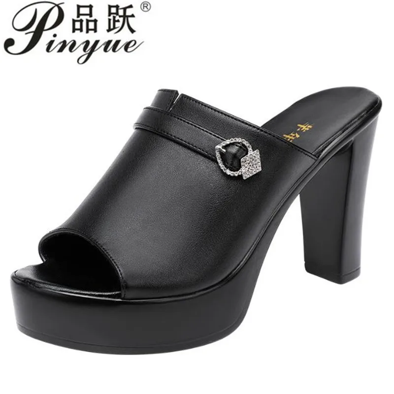 10CM Summer Heeled dermis sandal Ladies Shoes for Women slipper Peep Toe Outside Women's Professional party slippers 32 43