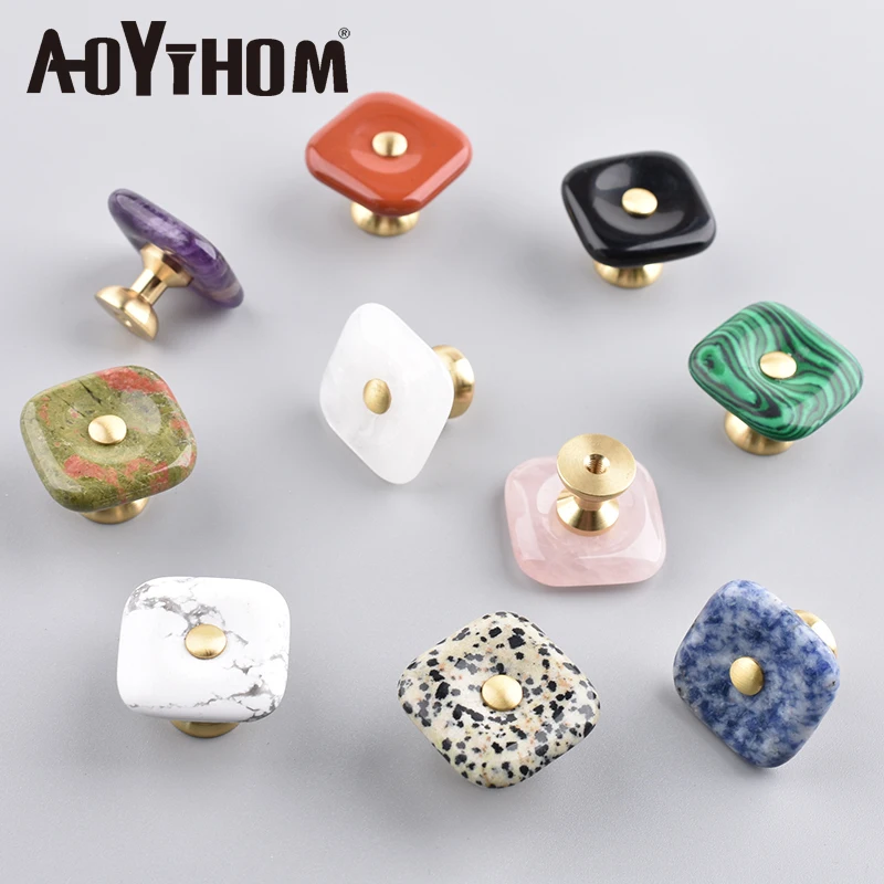30×30mmSquare Agate Furniture Door Handles Brass Gold Kitchen Dresser Drawer Knob Crystal Cabinet Pulls Wardrobe Cupboard Handle