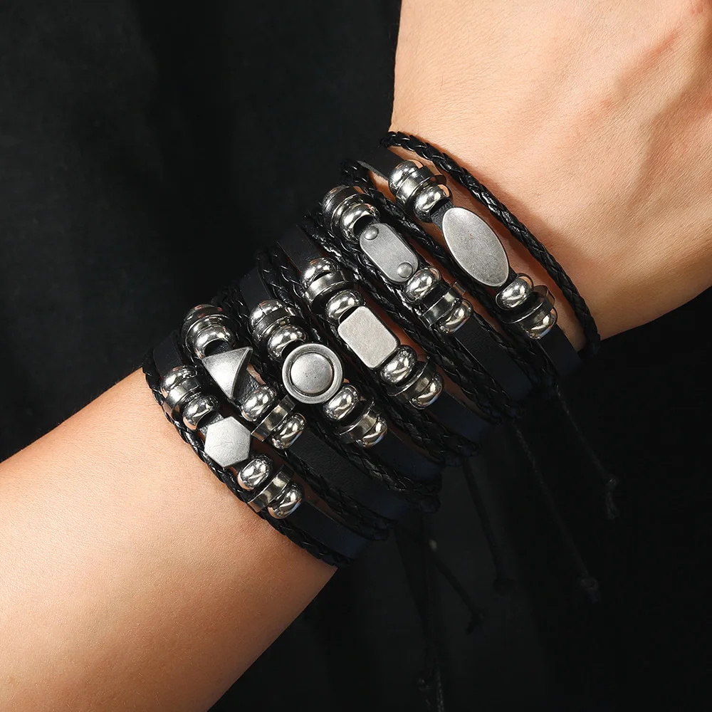 Leder armband für Männer neue Leder mehr schicht ige Retro Herren Armbänder, geometrische Form Legierung Accessoires Persönlichkeit Armbänder