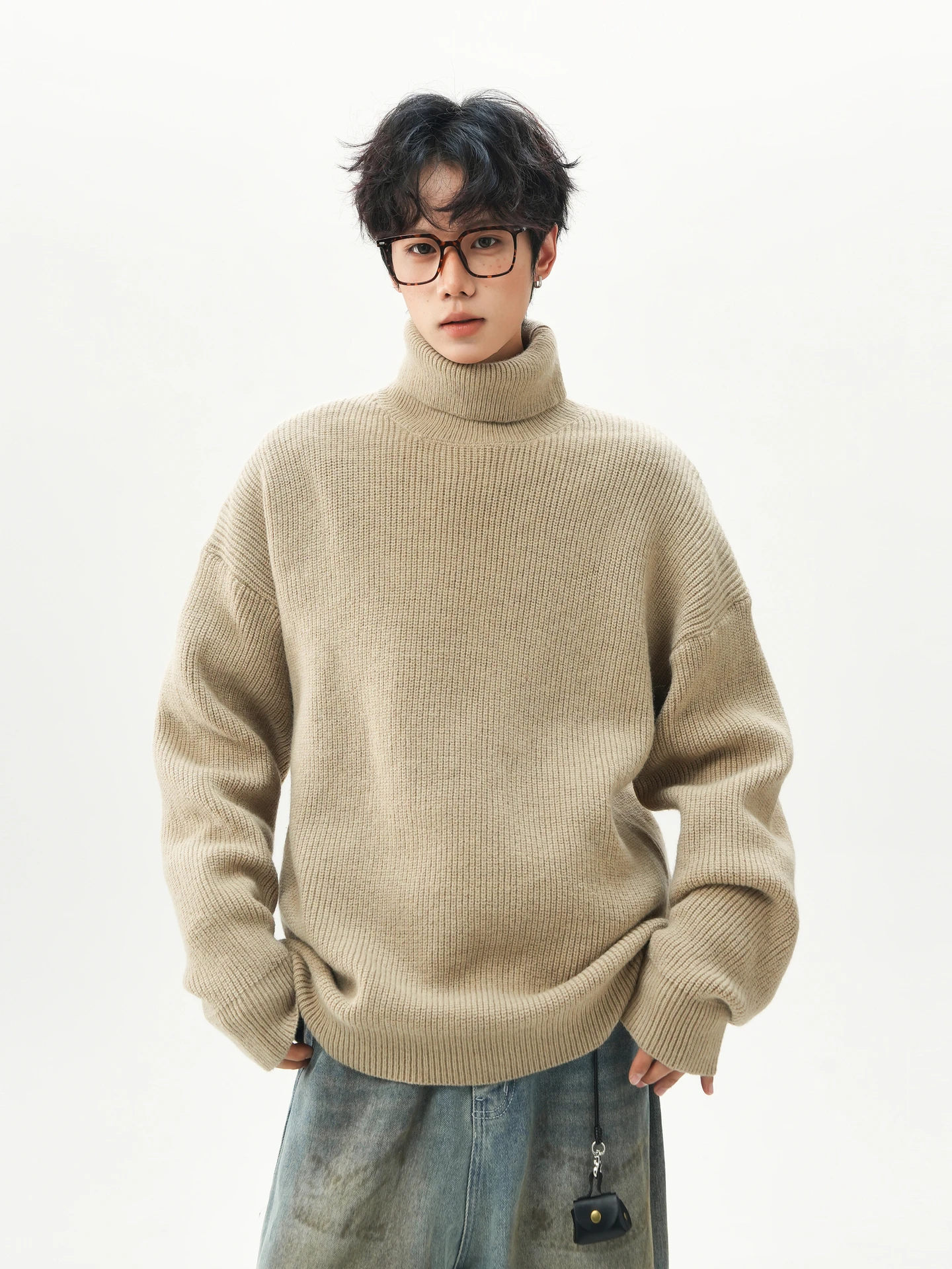 

Теплый вязаный свитер с высоким воротником для мужчин, винтажный, с отворотами, свободного кроя, повседневный, осенний