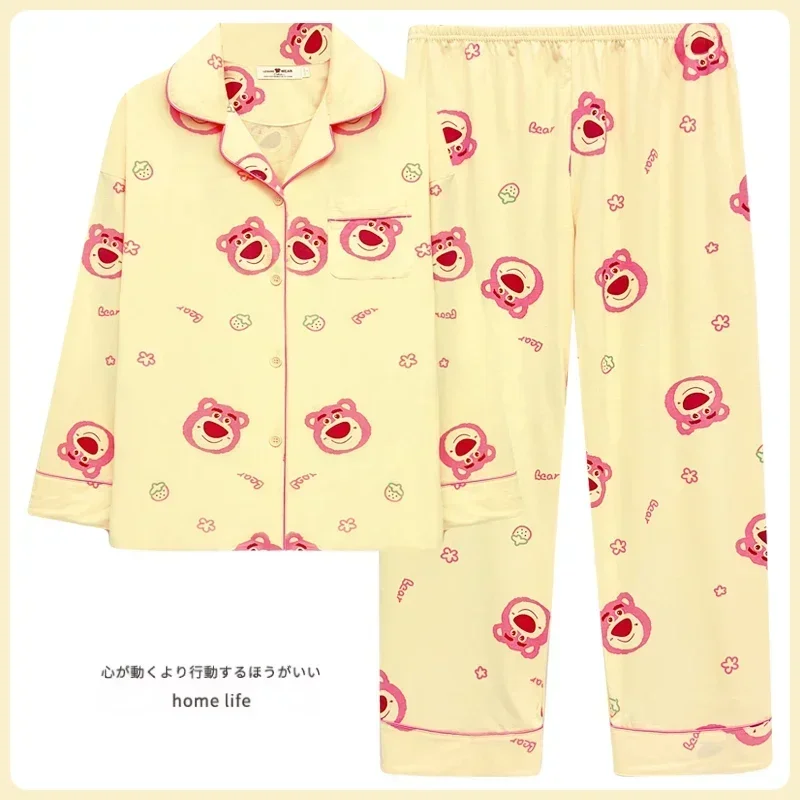 Nuevo pijama de mujer de oso de fresa de Disney, pantalones de manga larga de algodón de otoño, pijamas informales de dos piezas para mujer, conjunto de ropa de casa