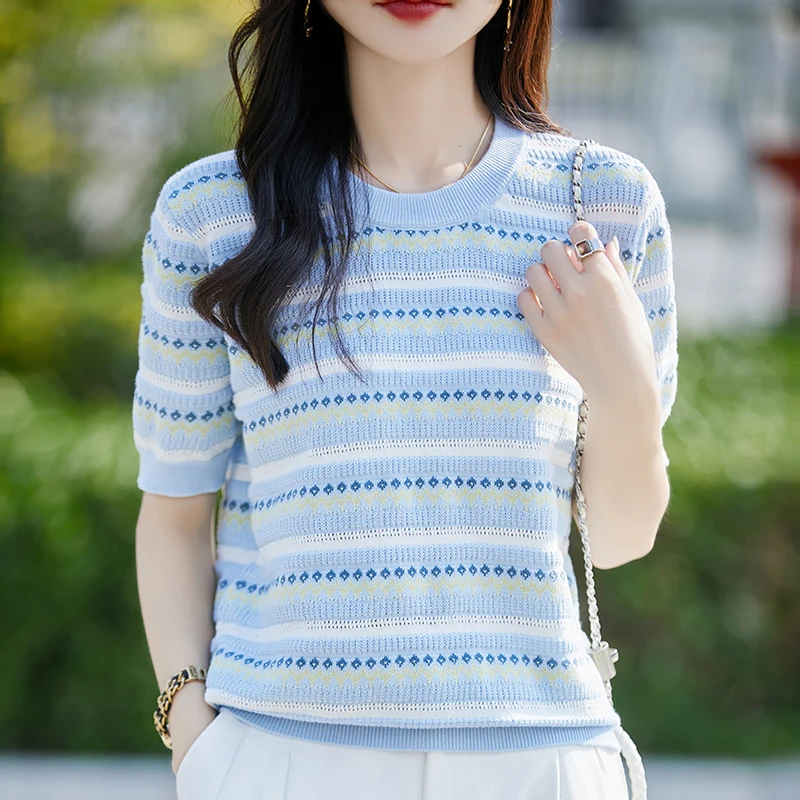 

SZDYQH Summer 100% Cotton T-shirt Women Clothing Flower Design O-neck Short Sleeve T-shirts Woman Striped Casual Basic Shirt Top