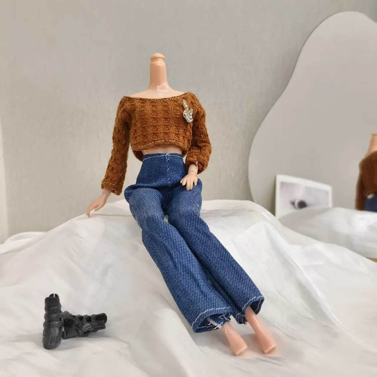 30 cm Puppe Kleidung Zubehör Retro Mode Braun Top + Klassische Amerikanische Denim Hose Anzug Für 1/6 BJD Xinyi FR PP Supermodel Puppe