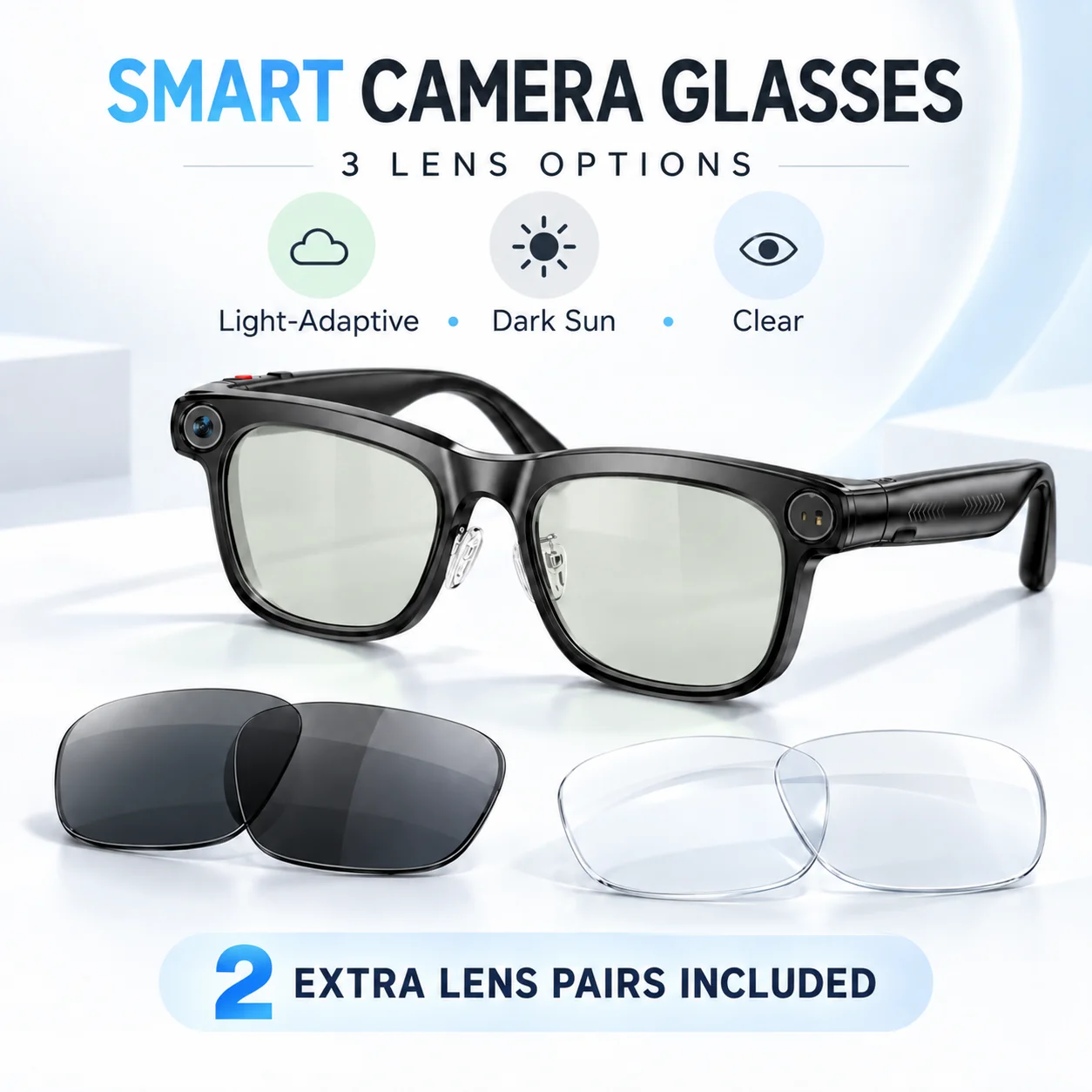 Smart Camera Glasses with 8MPPhoto & Video, AI Translation, Includes Free Dark Sun & Clear Lens Pairs, Light-Adaptive Lenses