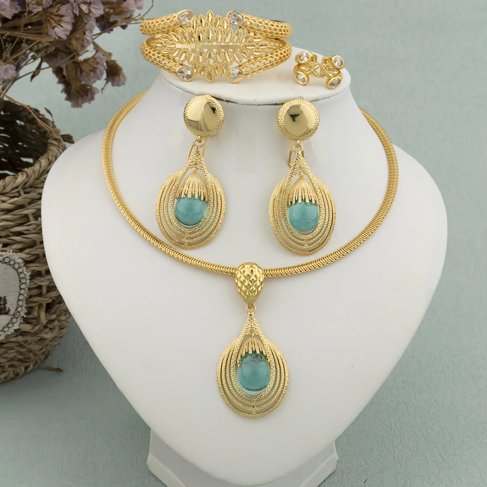 

4 pcs Women Dubai Jewelry Sets Italy Drop Earrings 18K Gold Plated Female Necklace Bracelet Ring Engagement Bridal Jewelry Gift