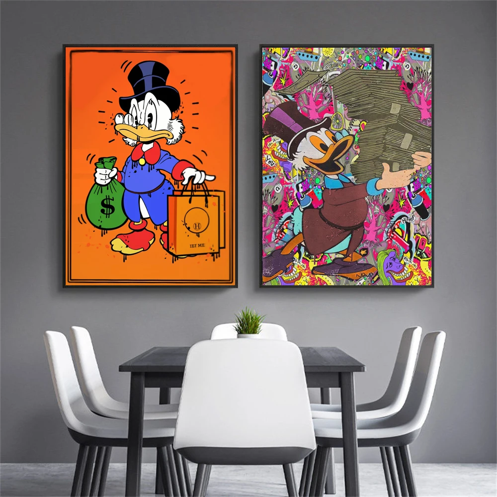 

MINISO Disney Donald Duck Wall Art Smell of Money Canvas Poster Disney Street Wall Art on Canvas For Living Room Bedroom Decor