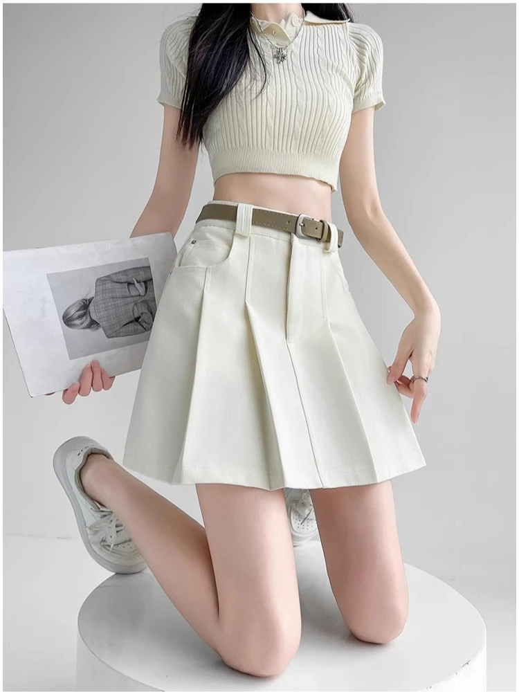 Blue Pleated Skirt Women Summer New Fashion Elegant Anti Glare A-Line Culotte High Waist Wash Cotton Suit Half Body Dress Female