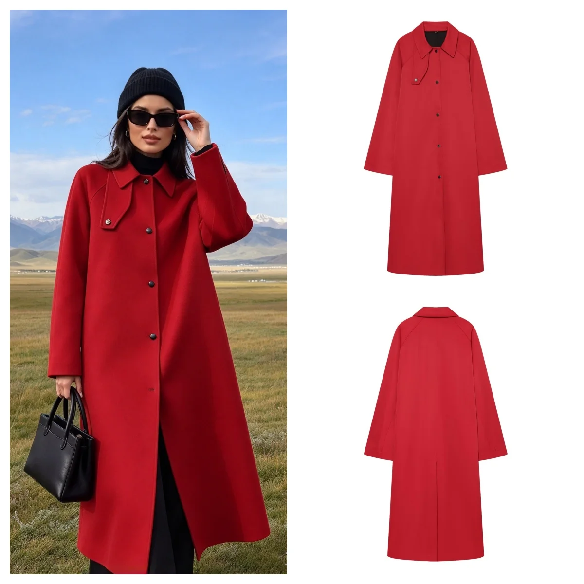 Guobioziy 2026 New Fall Statement Red Long Coat Women Minimalist Lapel Trench Loose Fit For Casual Commute And Street Style