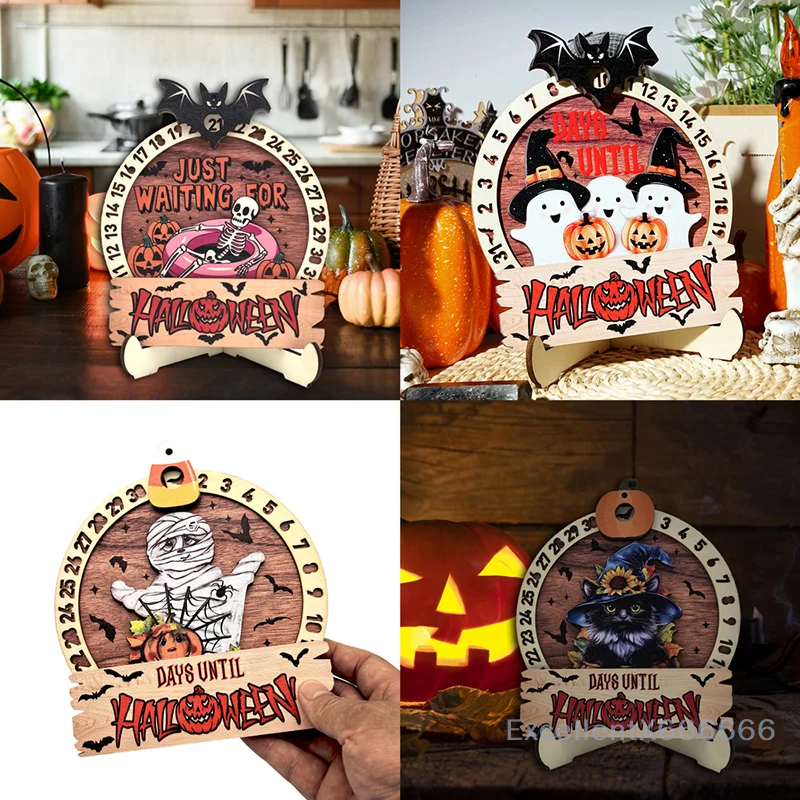 Halloween Countdown Calendar Wooden Rotatable Calendar With Base Tabletop Decor For Home Holiday Party