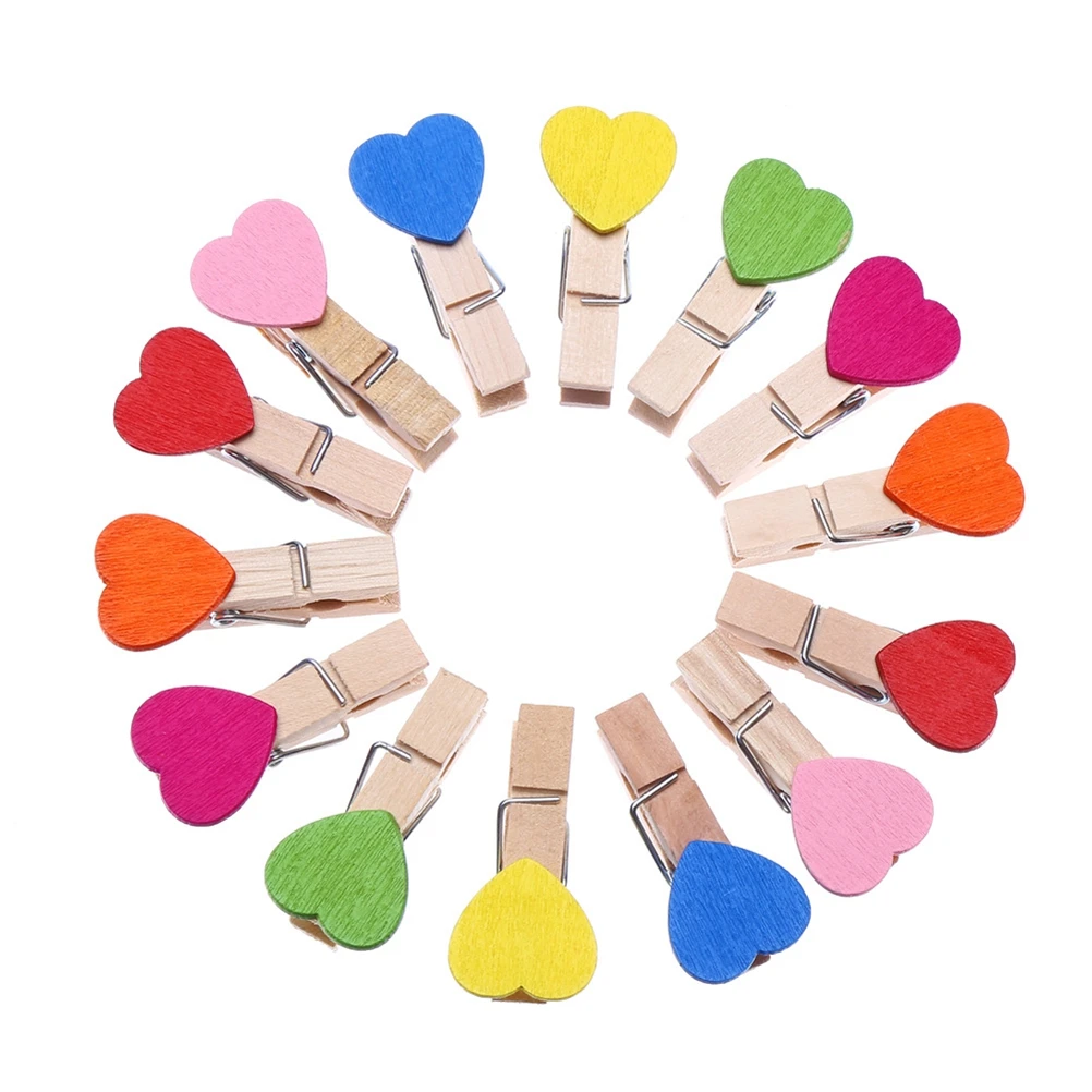 

100 Pcs Wooden Clips Colored Heart Shaped Photo Pins Bookmark Mini Office Home Decor Note Card Organizer Storage