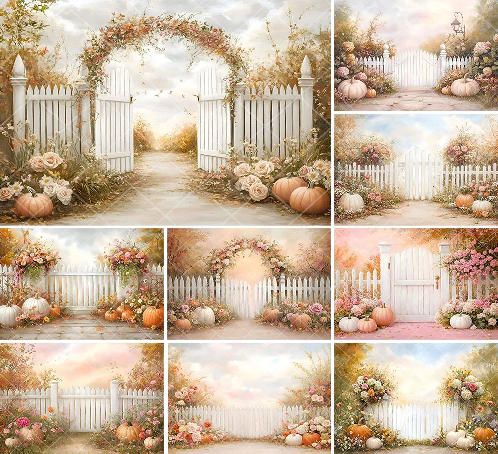 Mehofond Photography Background Autumn Painterly Pumpkins Fence Flowers Kids Birthday Family Portrait Decor Backdrop Photo Studi