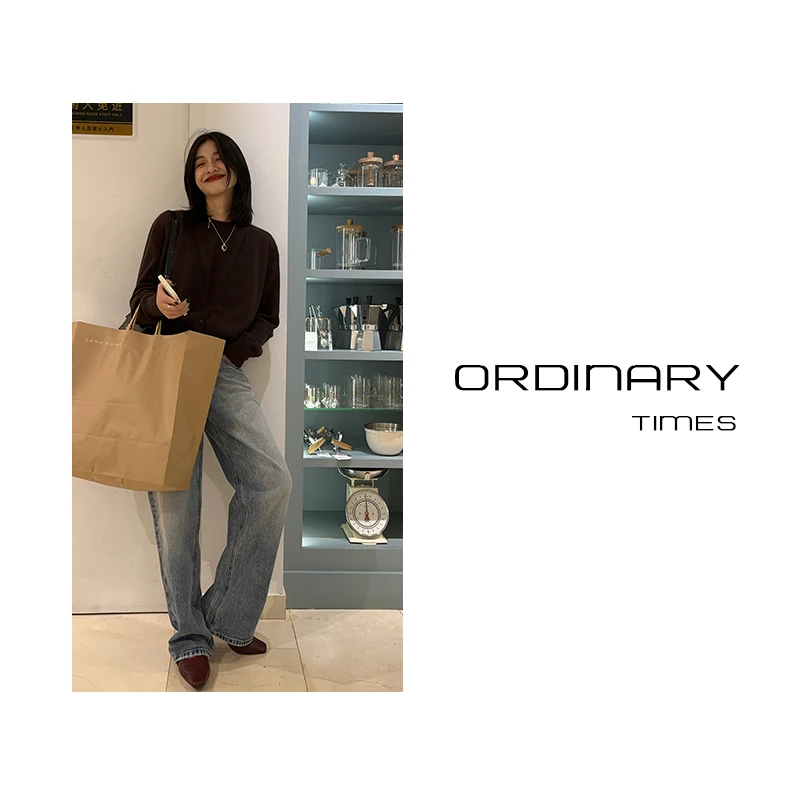 

Джинсы Ordinarytimes Autumn: прямые, облегающие, с простым дизайном, повседневные, широкие штанины, ткань деним, застежка-молния