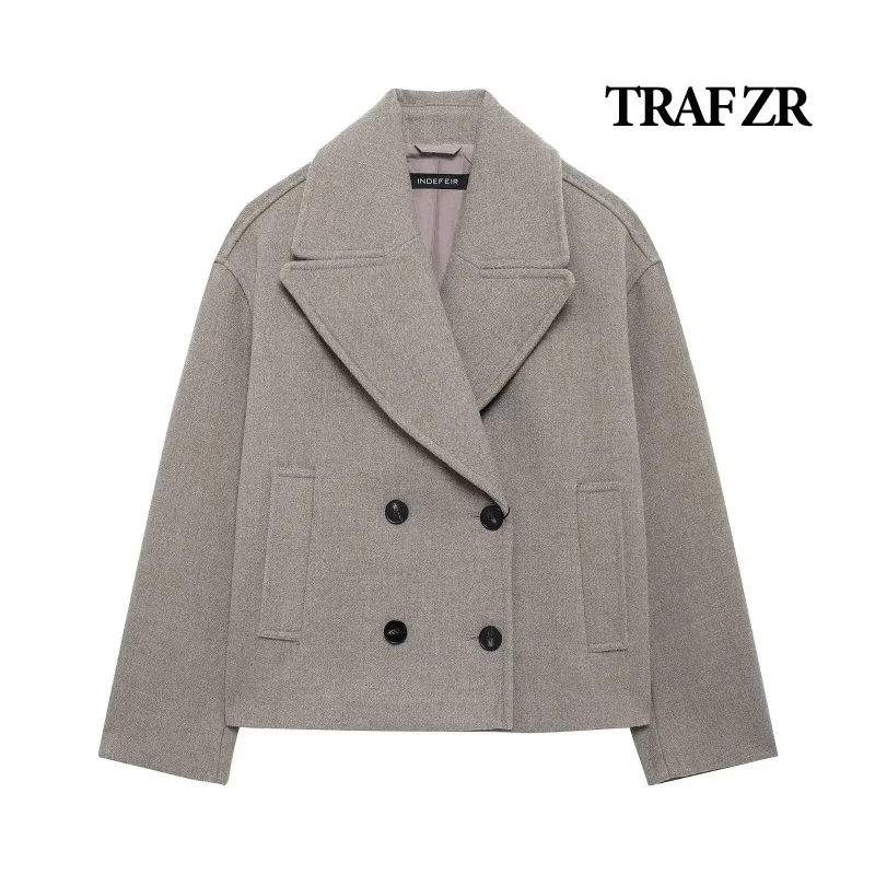 TRAF ZR Woolen Coat Women\'s Autumn Coat Y2k Vintage Top Women\'s Outerwear Cropped Coats Ladies Fashion New in Coats & Jackets