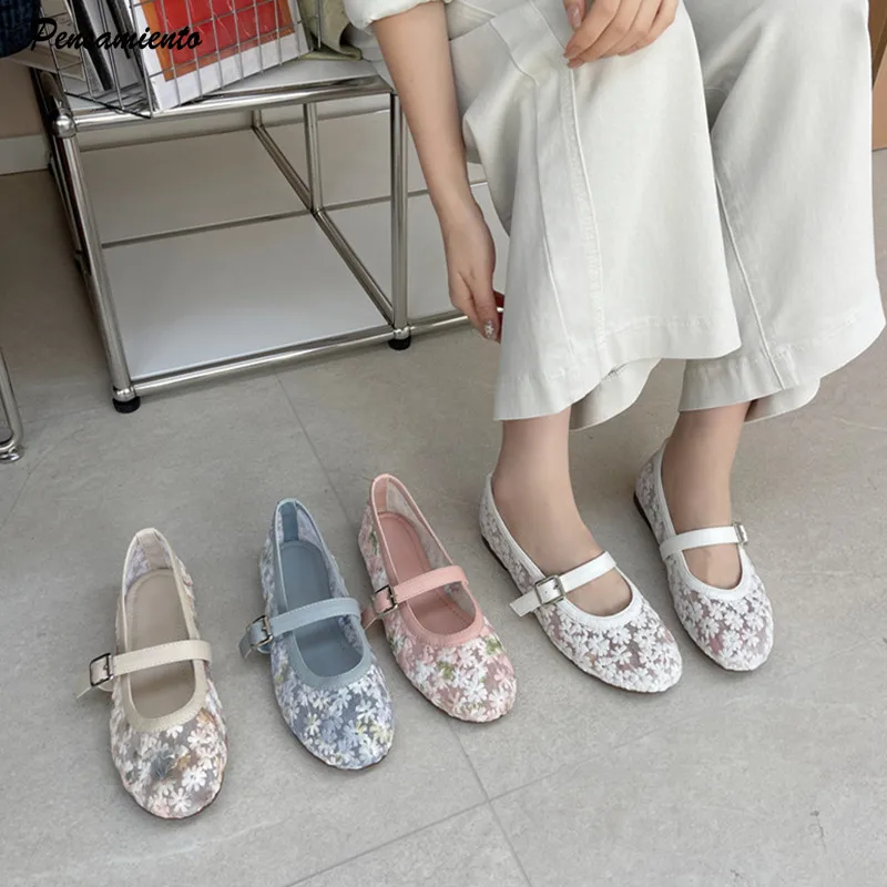 

2026 Fashion Summer Mesh Mary Janes Women Ballet Flats Comfortable Soft Soles Flowers Embroidered Girls Loafers Cozy Flats Shoes