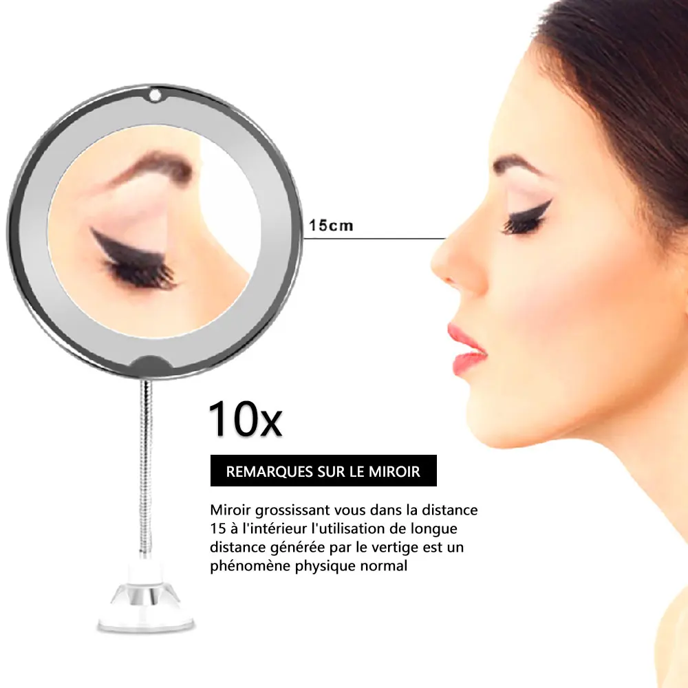 Specchio per trucco ingranditore 10x Specchio per trucco flessibile a collo di cigno con luce a LED Tavolo da toeletta portatile Specchi cosmetici Girevole a 360°