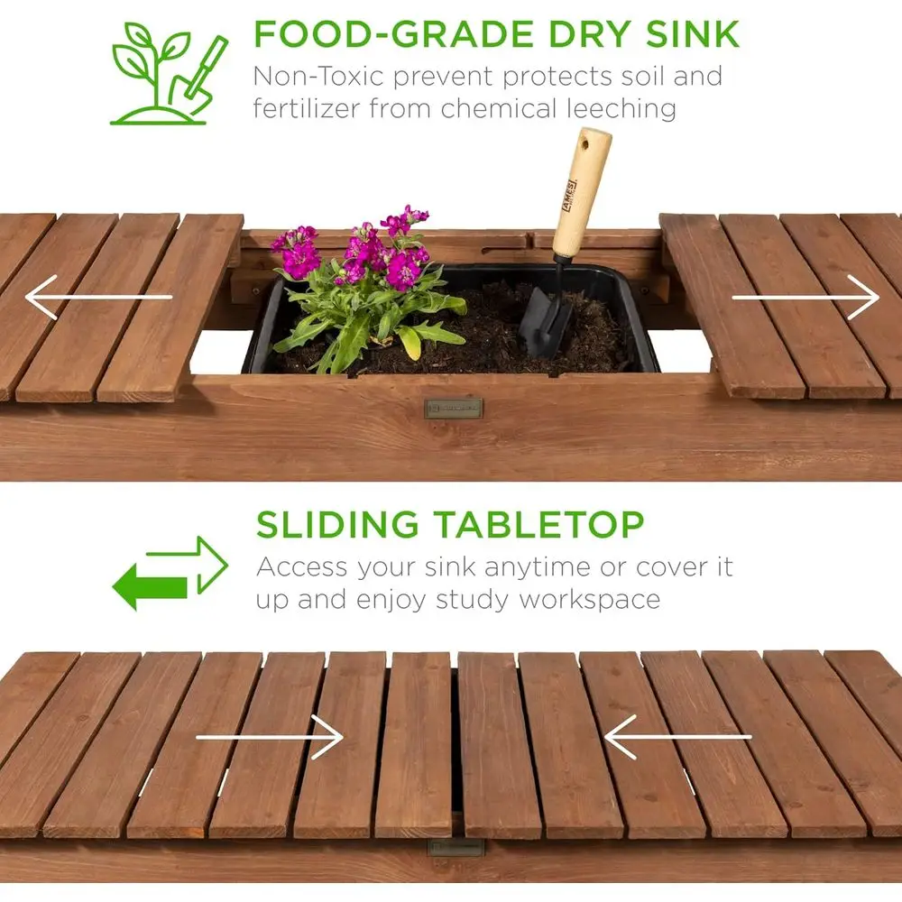 Garden Potting Bench, Outdoor Wood Workstation Table w/Sliding Tabletop, 4 Locking Wheels, Wood Grade Dry Sink, Storage Shelves