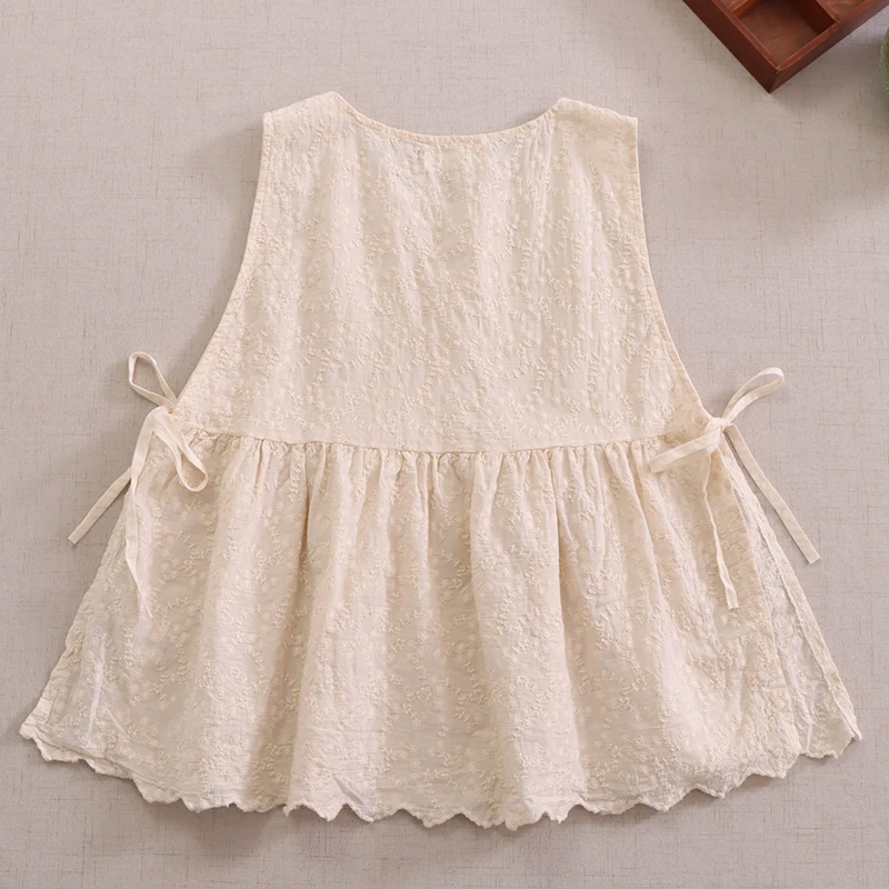 Japanese Sweet Mori Girl Embroidery Sleeveless Blouse Women Summer O-neck Solid Color Vintage Loose Vest Tank Tops
