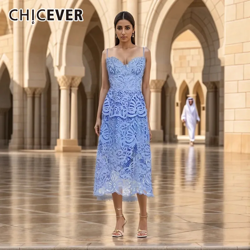 CHICEVER Secy Sheer Embroidry Camisole Dress For Women Square Collar Sleeveless Backless High Wiast Temperament Dresses Female