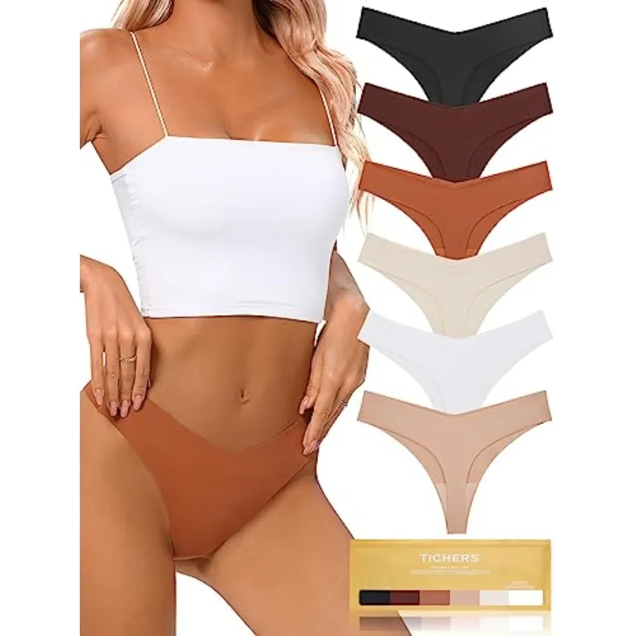 

tichers Seamless Thongs for Women No Show Thong V-waisted Stretch Breathable Sexy Panties Underwear 6 Pack