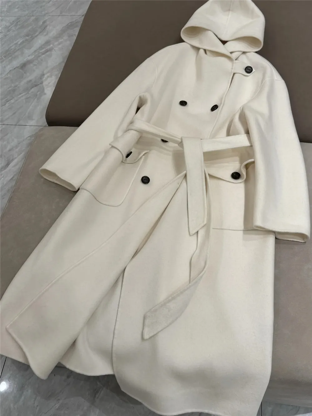 Women's Cashmere Wool Hooded Coat Double-Breasted Temperament Waist Belt Mid-Length Trench Coat Black White