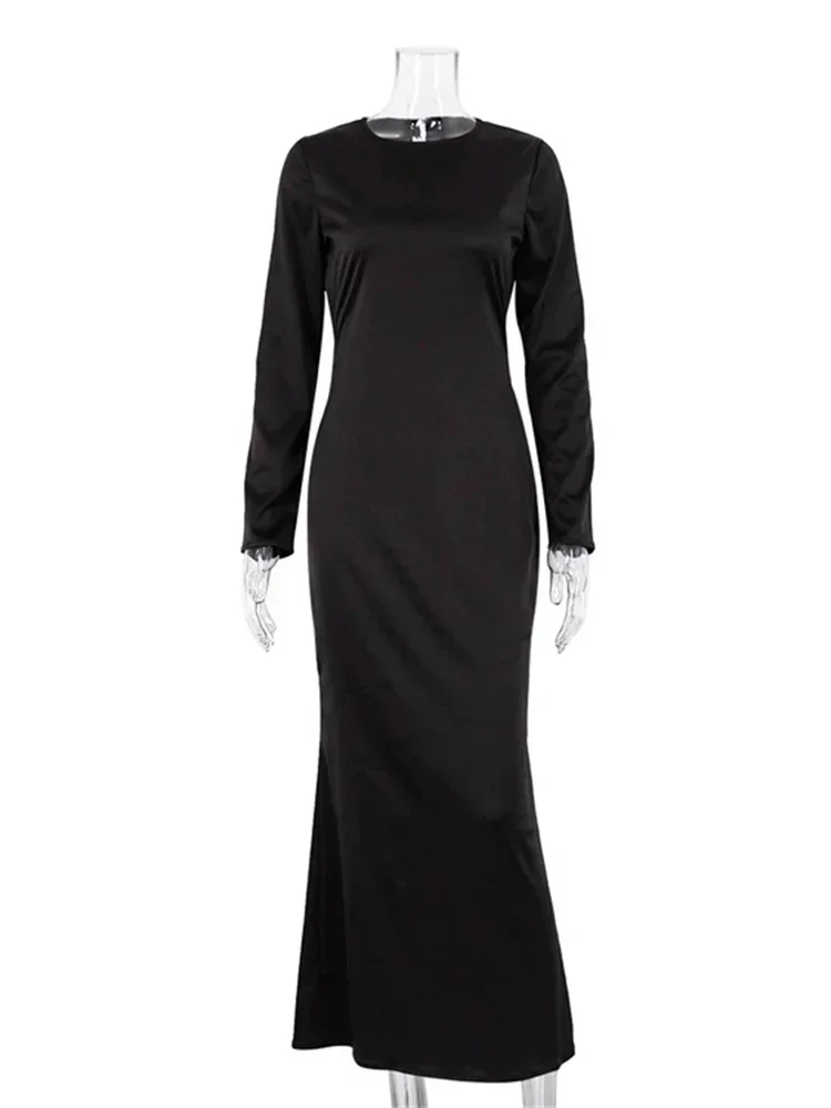 فستان ماكسي أنيق من الساتان المجوف للنساء بخصر عالٍ ورقبة سكوب نحيفة وأكمام طويلة فستان حفلات بسحاب صيفي #4