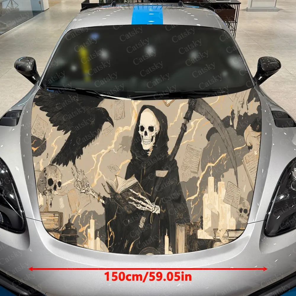 Bold Mystic Reaper Raven Skull Design Car Hood Stickers, Decorative Pattern Car Stickers, Car Self-adhesive Scratch Resistant De