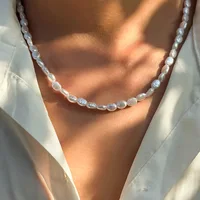 New Fashion Oval Imitation Pearl Chain Bracelet Necklace Men Women Handmade Classic Chain Beads Bracelet for Men Jewelry Set 6