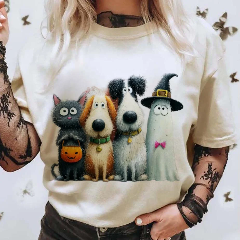 Halloween Pet and Ghost Pattern T-Shirt Round Neck Style Cute Casual Printed Women's Summer Short Sleeved White Top T-Shirt