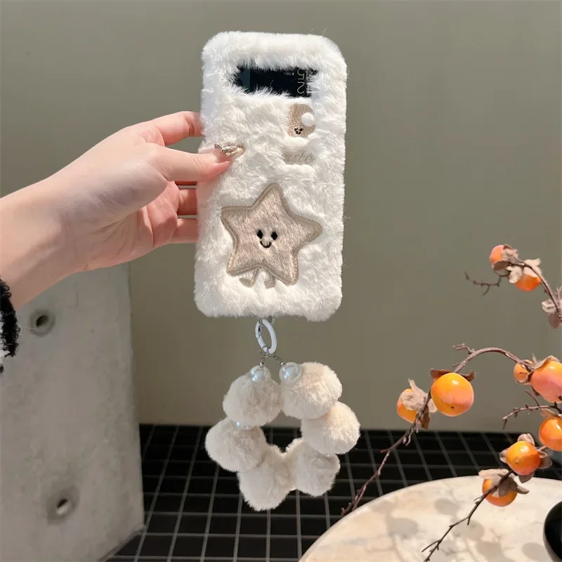 Plush Moon Stars Phone Case for Samsung Galaxy Z Flip 6 5 4 3 Protective Back Cover for ZFlip4 ZFlip5 ZFlip6 Case Shell