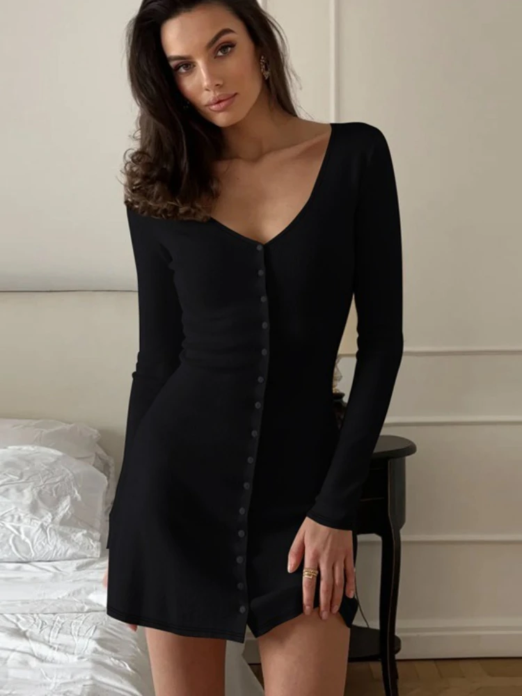 Tossy Fashion V-Neck Mini Dress For Women Long Sleeves Solid High-Waisted Charm Slim Party Dress Evening Female Mini Dress 2025