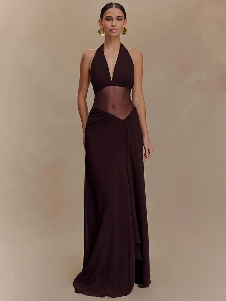 XIAOTANG Halter V Neck Backless Sexy Maxi Dress Women Gown Fashion Elegant Mesh See Through Sleeveless Bodycon Club Long Dress