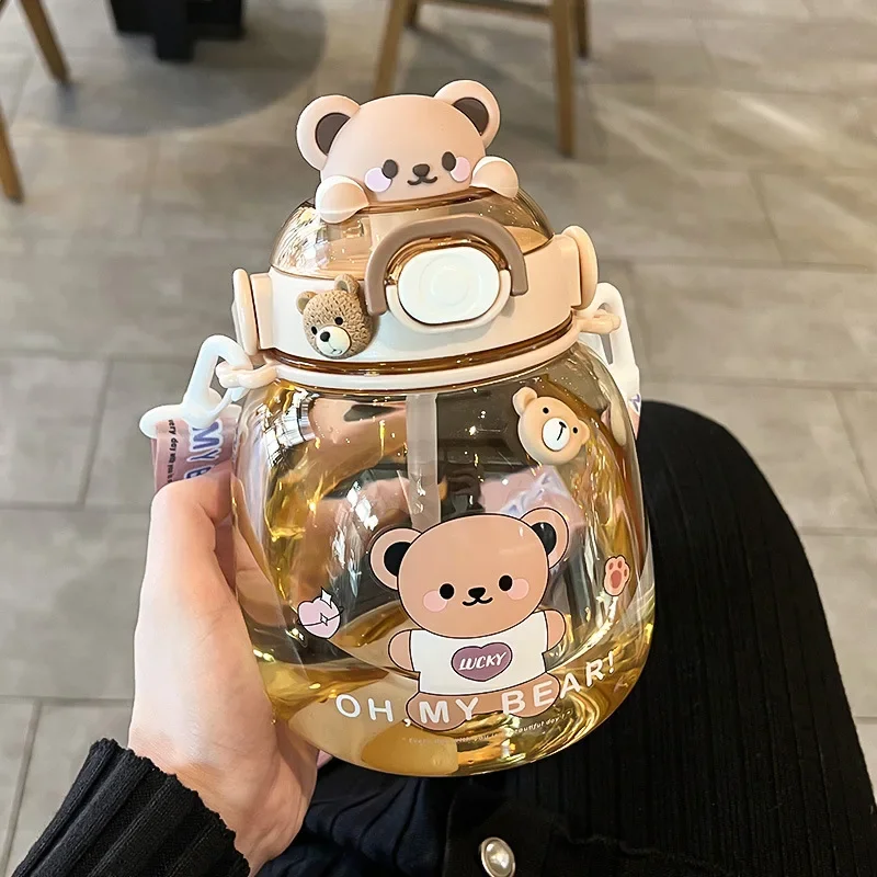 Cute Water Bottle for Girl Kid 1.3L Tumbler with Straw Large Capacity Mug Outdoor Sport Drinking Kettle Portable Kawaii Bear Cup