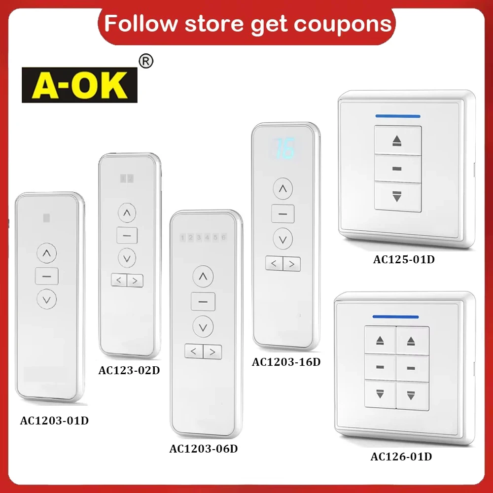 A-OK AC123 01/02/06/16 Channel Remote Controller RF433 Wireless Wall Controller AC125 for AOK RF433 Curtain Motor/Tubular Motor