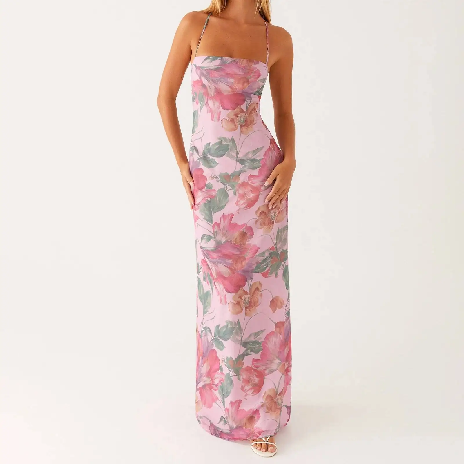 

2026 Women Spaghetti Strap Backless Sexy Maxi Dress Floral Print Mesh Bodycon Maxi Dress Evening Club Party Long Dress