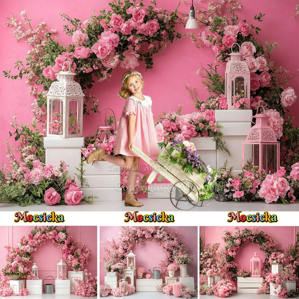 

Pink Flower Garland Wall Photography Background Spring Garden White Lantern Backdrop Decor Girl Kids Birthday Photocall Studio