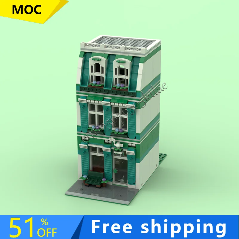 

865 шт. бирюзовый чайный домик, строительный блок, ретро архитектурная модель, дисплей, игрушки в сборе, подарки на день рождения, Рождество для детей