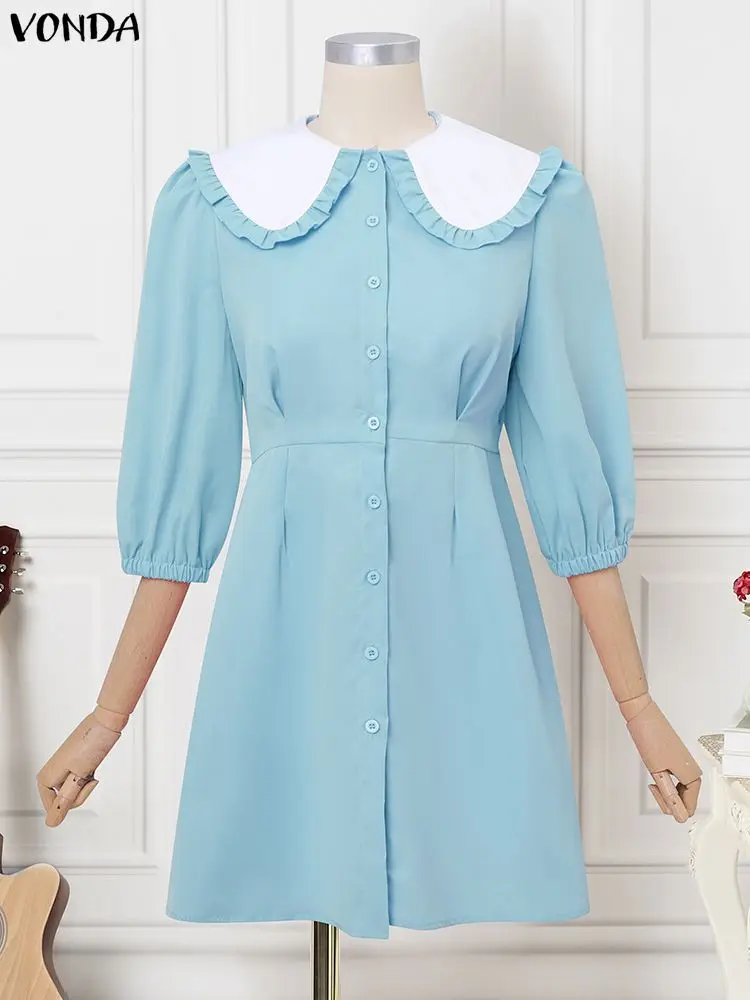 2025 VONDA Fashion Shirt Dresses Women 3/4 Sleeve Peter Pan Collar Mini Sundress Spring Buttons Casual Elegant Party Robe Femme