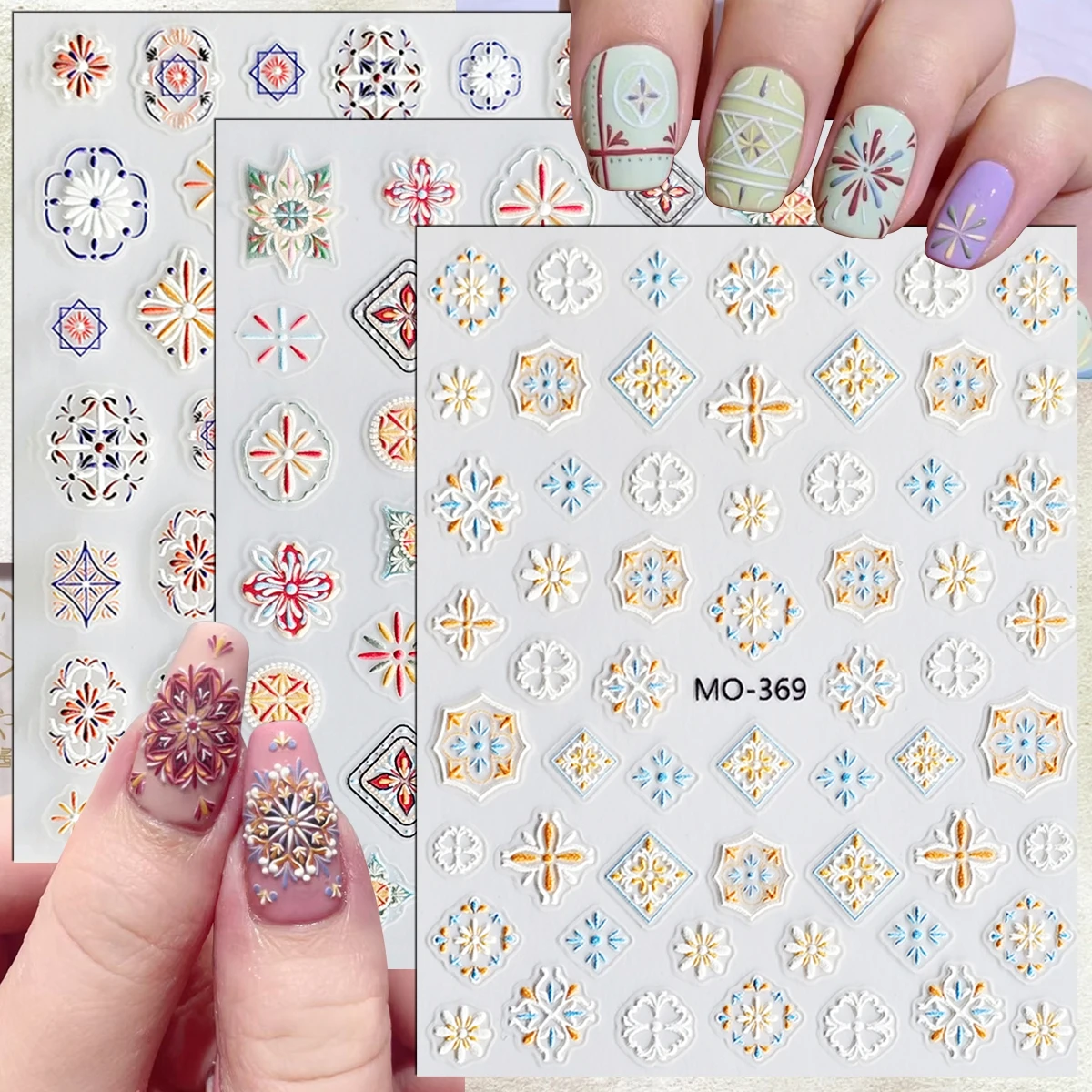 3 to 12 Sheets 5D Moroccan Tile Mosaic Floral Geometric Mediterranean Boho Embossed Colorful Self-Adhesive Nail Art Stickers