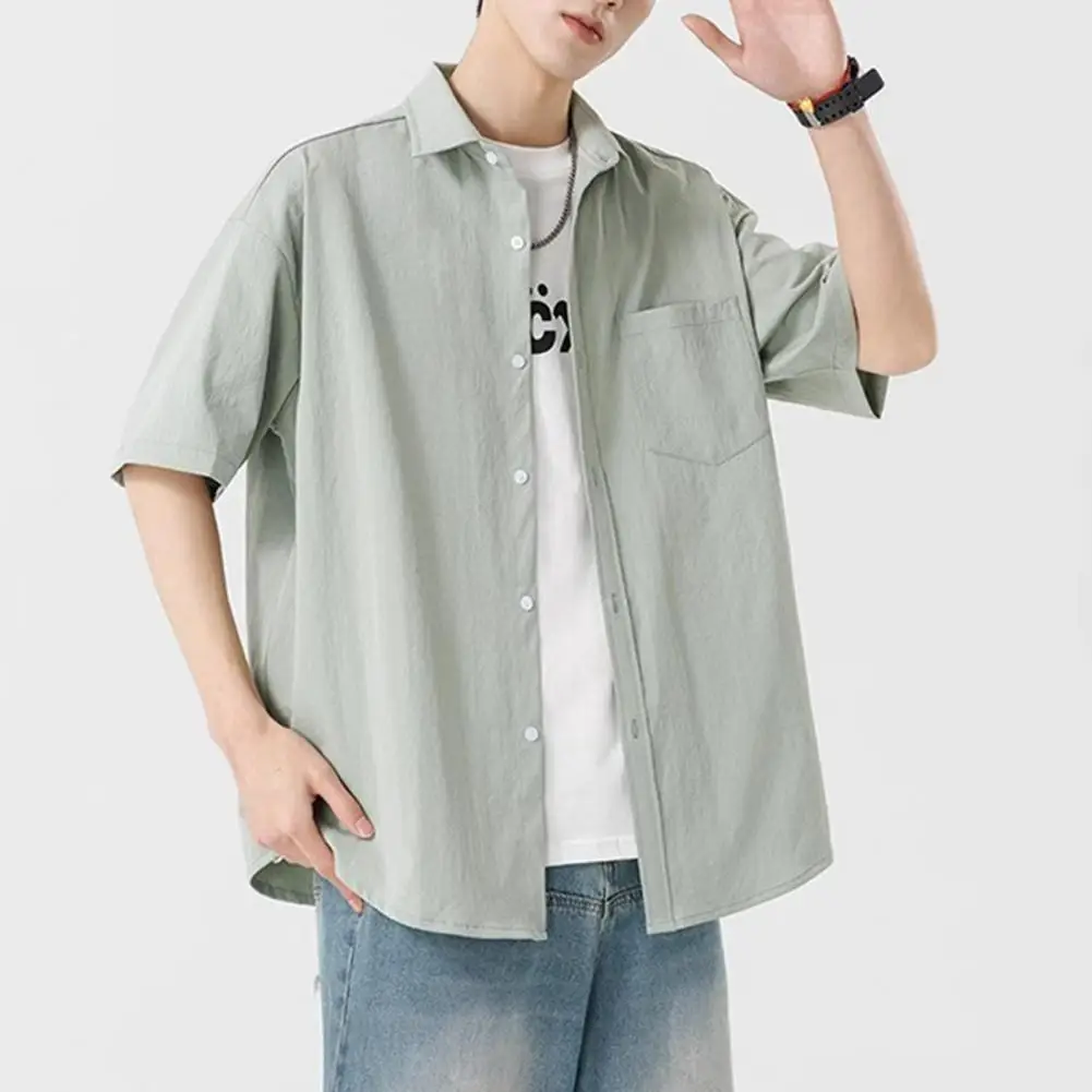 เสื้อผู้ชายคอกระเป๋า Casual Beach แขนสั้นสีทึบชายเสื้อยืด Vintage Streetwear Beach หลวม Top